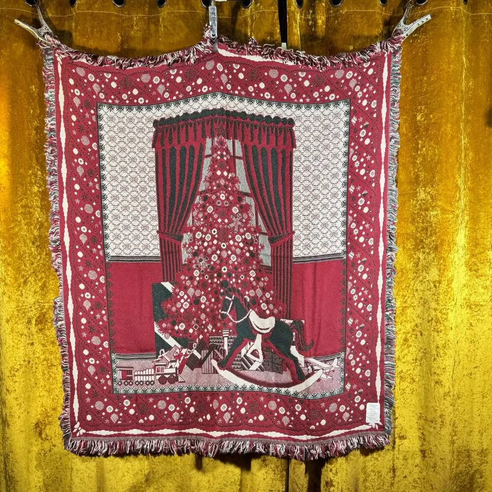 Vintage 1990s American Weavers Christmas Tree Rocking Horse Woven Tapestry Throw